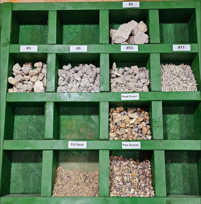 Green display box with labeled samples: #2, #5, #8, #53, #11, road gravel, fill sand and pea gravel